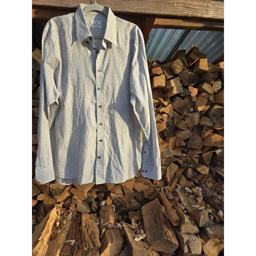 Emanuel Berg Shirt Mens XXL Modern Fit‎ Button Up Down Microcheck Grey White